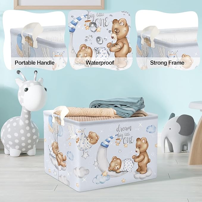 Clastyle Sleeping Bear Balloons Boy Shelf Basket Clouds Stars Moon Baby Shower Basket for Kids Room Blue Rectangle Clothes Toys Cube Storage Basket