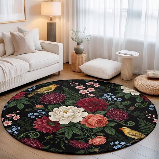 Washable Round Area Rug Pastoral Colorful Flower Leaf Circle Rugs Floor Carpet for Living Room Bedroom, Country Blossom Floral Bird Soft Non Slip Round Rug 3ft