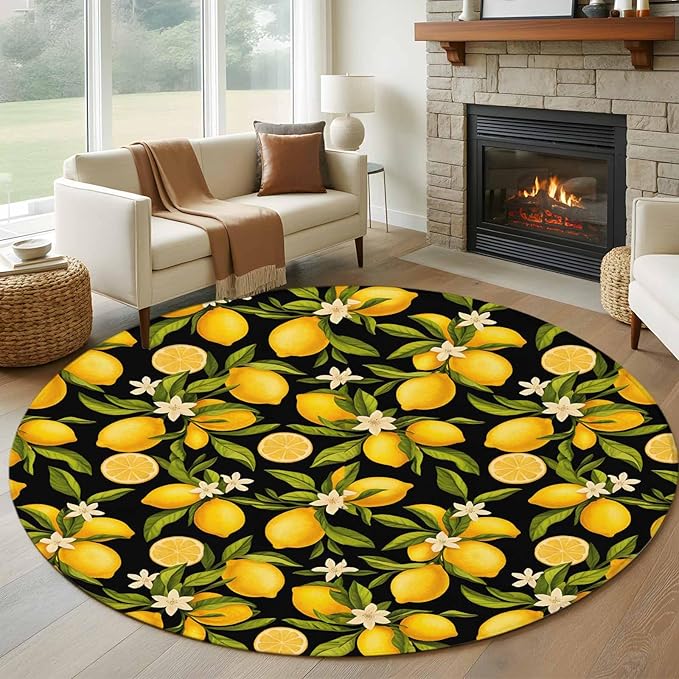 Washable Round Area Rug Summer Lemon Flower Circle Rugs Floor Carpet for Living Room Bedroom, Plant on Black Soft Non Slip Round Rug 5ft