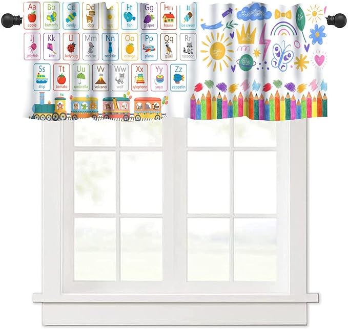 Kids ABC Alphabet Valance, Colorful Cartoon Style Educational Learning Letter Train Crayon Small Window Treatment for Kitchen Dining Room Bedroom Nursery Classroom, 54x18Inch