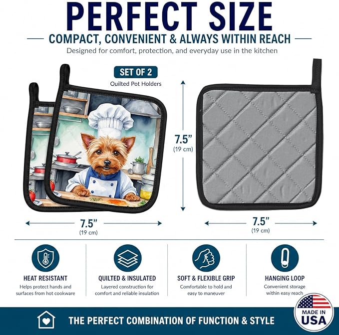 Caroline's Treasures Australian Terrier The Chef Pair of Pot Holders Kitchen Heat Resistant Pot Holders Sets Oven Hot Pads for Cooking Baking BBQ, 7 1/2 x 7 1/2