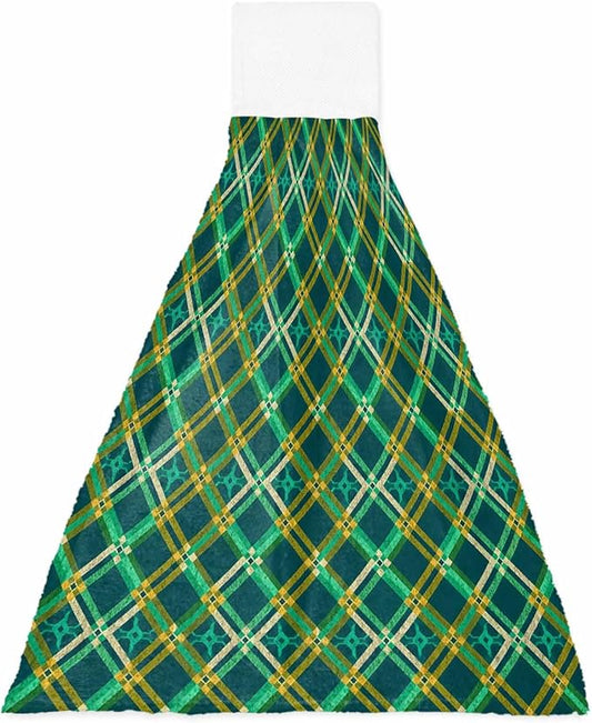 Alandar Home Kitchen Tie Towel Set of 1, Green Tartan Vintage Plaid Absorbent Soft Hand Towels for Bathroom Hanging Towels, Abstract Geometric Seamless Fast Drying Cleaning Cloth with Loop