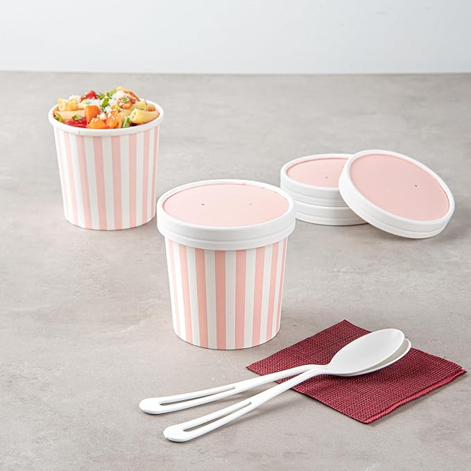 Restaurantware-LIDS ONLY: Soup Container Lids, 200 Disposable Bowl Covers For 12 Ounce Soup Containers - Containers Sold Separately, Vented, Pink And White Container Lid, Striped, Round,