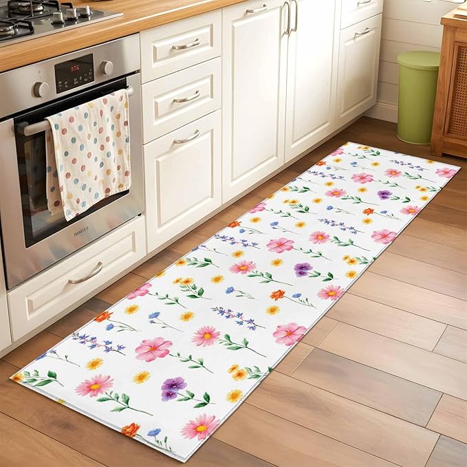 Runner Rug for Bedroom Hallway, Watercolor Farmhouse Flower Kitchen Runner Rugs Area Rug 2x6ft, Yellow Pink Purple Blue Floral Washable Soft Floor Carpet for Entryway Stair