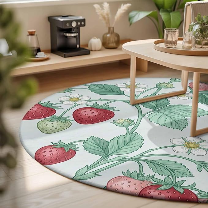 Washable Round Area Rug Strawberries White Flowers Circle Rugs Floor Carpet for Living Room Bedroom, Rustic Garden Botanical Soft Non Slip Round Rug 3ft