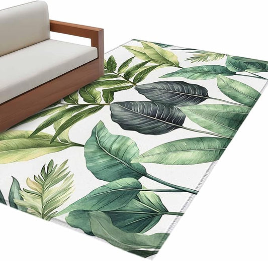 Area Rug 3x5ft, Summer Green Tropical Palm Leaves Washable Rugs for Living Room Bedroom, Watercolor Plant Soft Non-Slip Area Rugs Rectangle Floor Carpet for Dining Room