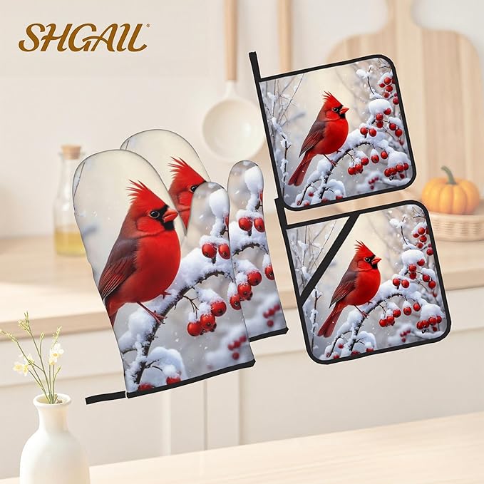 Red Bird Pattern Oven Gloves and Hot Pads Set - Heatproof Hand Protection for Baking, Grilling, Cooking 4Pcs
