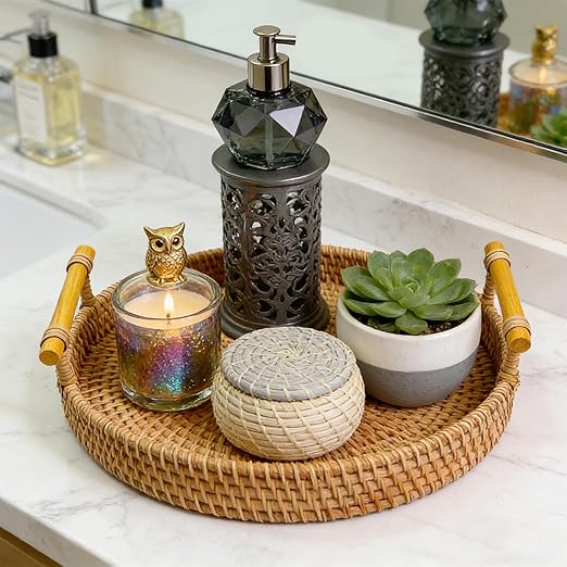 28cm/11.02in Oval Rattan Woven Tray Basket with Handles, Hand Woven Round Rattan Serving Decorative Wicker Trays for Table Decor (L)