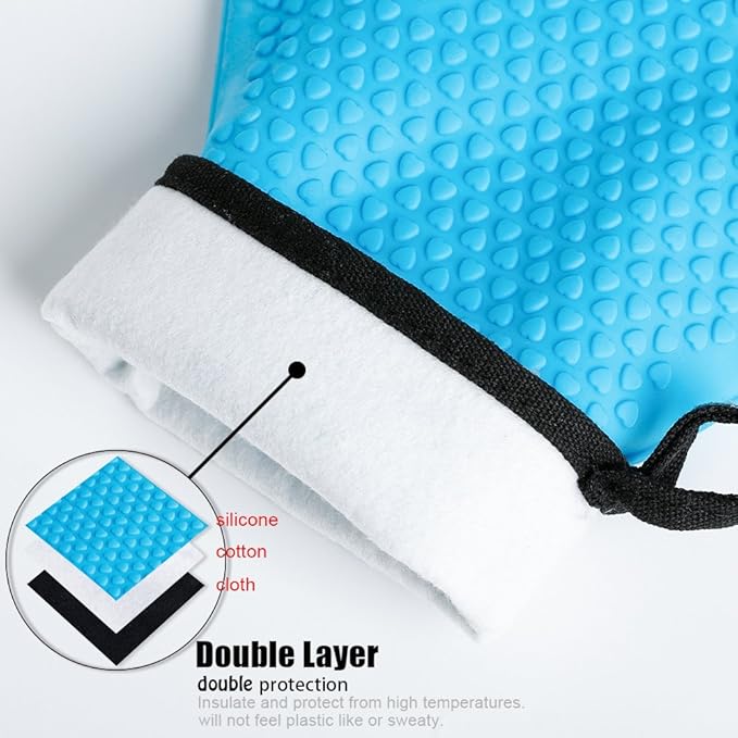 Kitchen Oven Gloves - Dual-Layer Heat Resistant Grilling Gloves, Silicone Oven Mitts with 5 Fingers, Waterproof Non-Slip Pot Holder for Barbecue, Cooking, Baking (XL-XXXL, Blue)