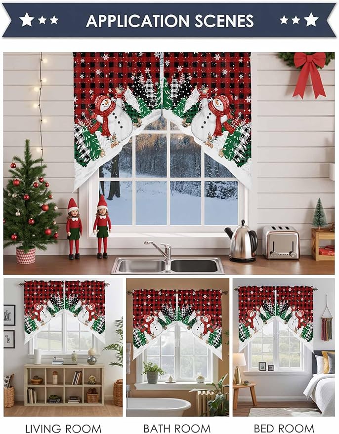 Christmas Snowman Swag Valance Curains Winter Xmas Tree Snowflakes Red Black Plaid Rod Pocket Kitchen Curtains Scalloped Window Treatment Valances Swag for Living Room Bedroom, 1 Pair, 36"W x 45"L