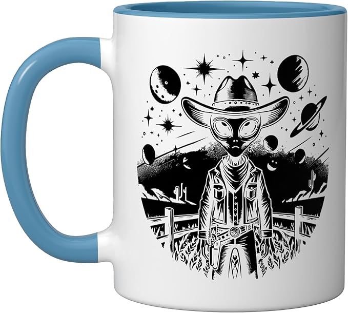 Alien Lover Flying Saucer UFO Extraterrestrial Cowboy Ceramic Mug, Blue/White