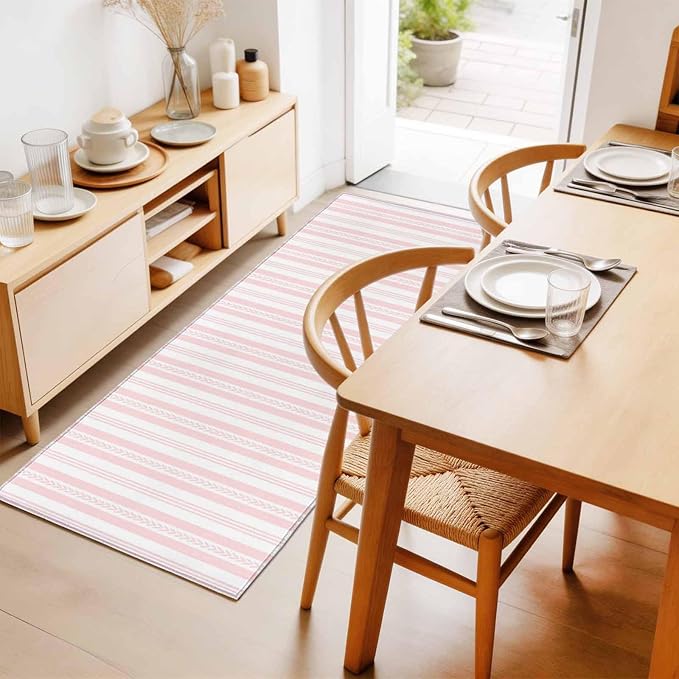 Runner Rug for Bedroom Hallway, Abstract Leaf Geometric Line Kitchen Runner Rugs Area Rug 2x6ft, Modern Pink Stripe Theme Washable Soft Floor Carpet for Entryway Stair
