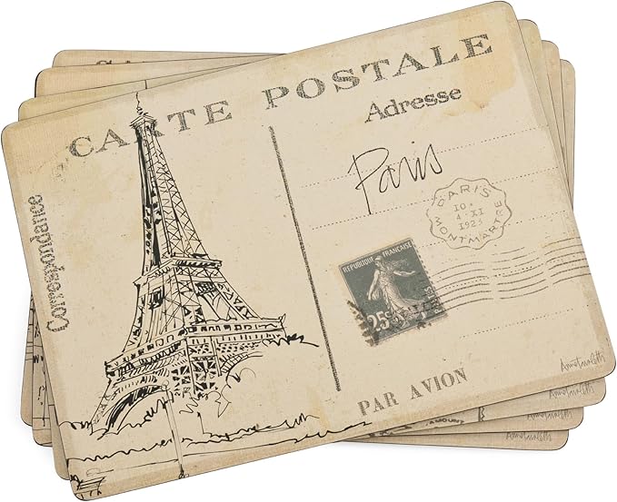Pimpernel Postcard Sketches Collection Placemats, Set of 4 – (15.7" x 11.7") Cork-Backed Placemats with Classic City Artwork Inspired by Paris, London, Rome & New York, Heat & Stain Resistant Surface