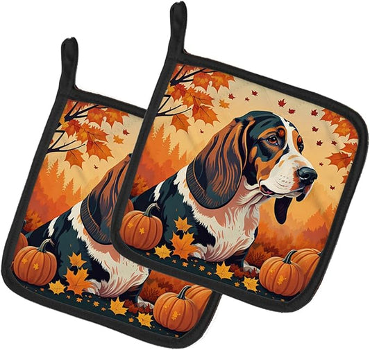 Caroline's Treasures DAC1013PTHD Basset Hound Fall Pair of Pot Holders Kitchen Heat Resistant Pot Holders Sets Oven Hot Pads for Cooking Baking BBQ, 7 1/2 x 7 1/2