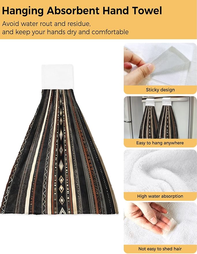 Alandar Home Kitchen Tie Towel Set of 1, Ethnic Brown Stripes Retro Style Absorbent Soft Hand Towels for Bathroom Hanging Towels, Abstract Geometric Fast Drying Cleaning Cloth with Loop
