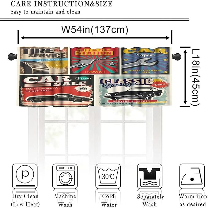 Vintage Car Signs Valance Curtain Retro Automobile Advertising Repair Vehicle Garage Servicing Rod Pocket Valance Window Treatments Short Curtains for Kitchen Bathroom 54x18inch