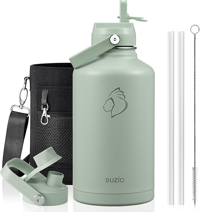BUZIO 64oz Insulated Water Bottle, Half gallon Stainless Steel Jug (Cold for 48 Hrs), Triple Wall Vacuum Large Metal Flask with Leakproof Straw Lid and Carry Sleeve, Sage Green