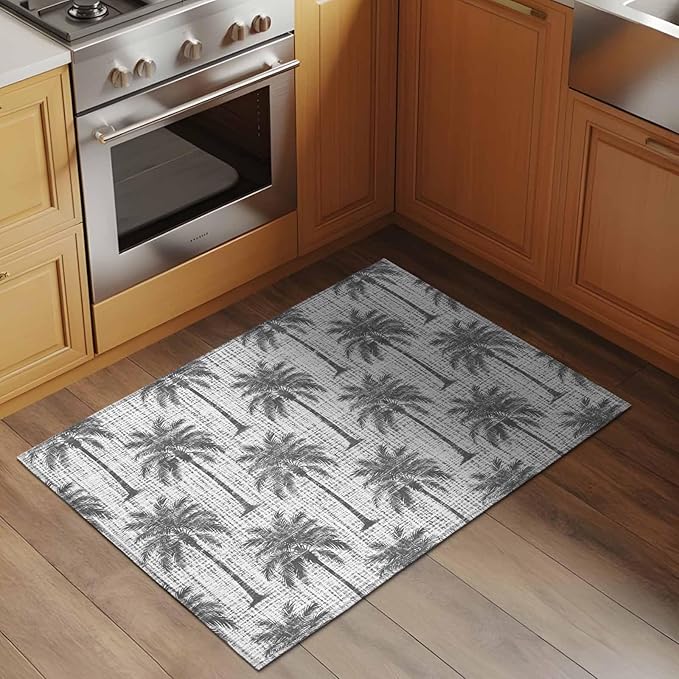 Area Rug 2x3ft, Summer Palm Tree Retro Linen Washable Rugs for Living Room Bedroom, Tropical Gray Botanical Soft Non-Slip Area Rugs Rectangle Floor Carpet for Dining Room