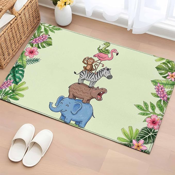 Area Rug 2x3ft, Funny Elephant Zebra Flamingo Washable Rugs for Living Room Bedroom, Tropical Leaves Floral Soft Non-Slip Area Rugs Rectangle Floor Carpet for Dining Room