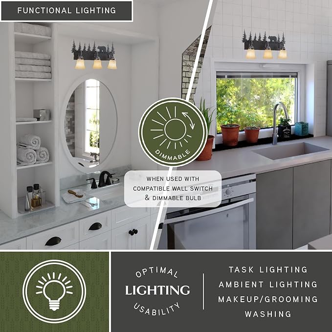 VAXCEL Bozeman 3-Light 24.75 inch Wide Burnished Bronze Rustic Cabin Bathroom Vanity Lighting Fixture, Amber Flake Glass Shade, Bear and Trees, Dimmable, LED Compatible, Over the Mirror Wall Mounted