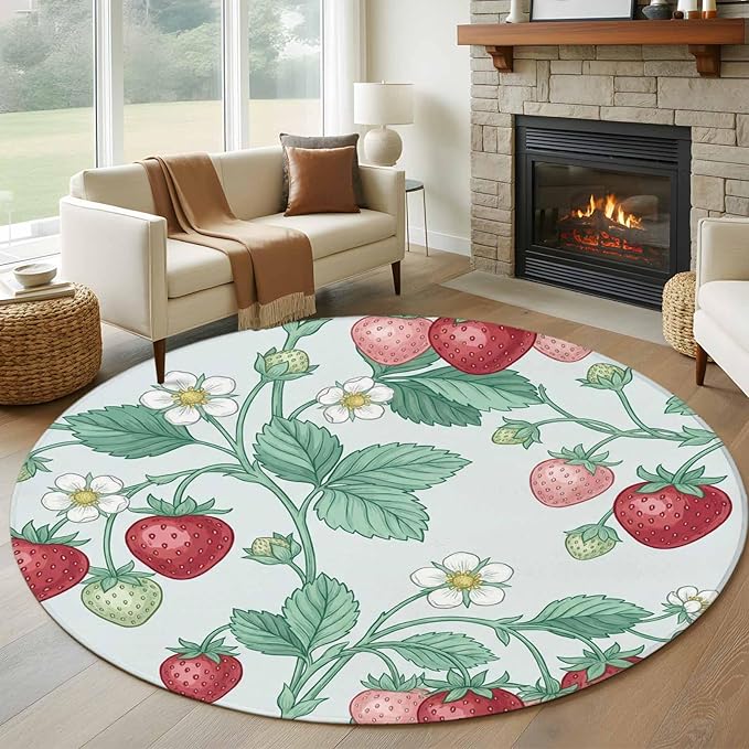 Washable Round Area Rug Strawberries White Flowers Circle Rugs Floor Carpet for Living Room Bedroom, Rustic Garden Botanical Soft Non Slip Round Rug 5ft