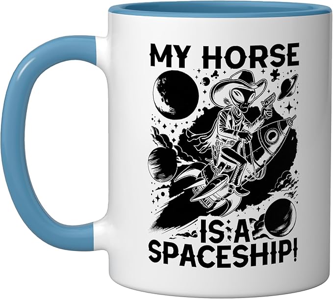 Alien Lover Flying Saucer UFO Extraterrestrial Cowboy Ceramic Mug, Blue/White