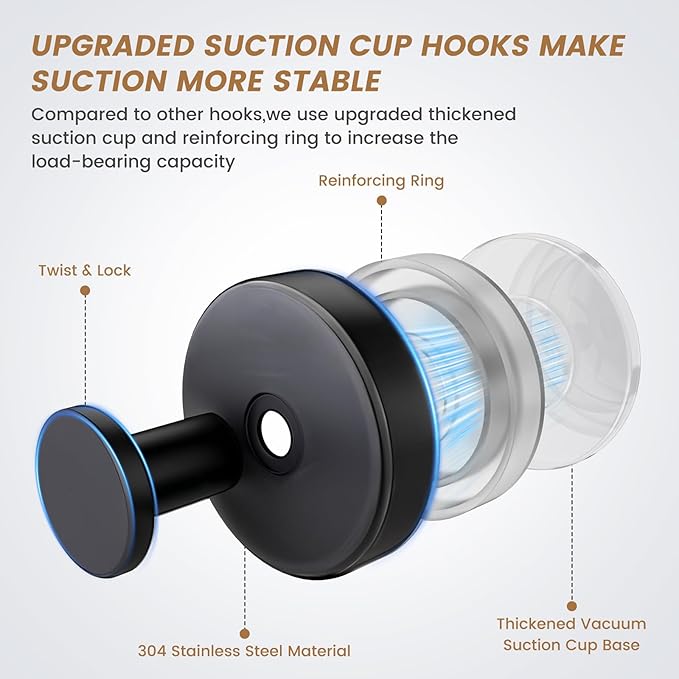 BKV Suction Cup Hooks for Glass Window,Removable Shower Hooks for Inside Shower,Metal Towel Hooks for Bathrooms,4 Pack(Black) | for Glass Window, for Inside Shower, for Bathrooms