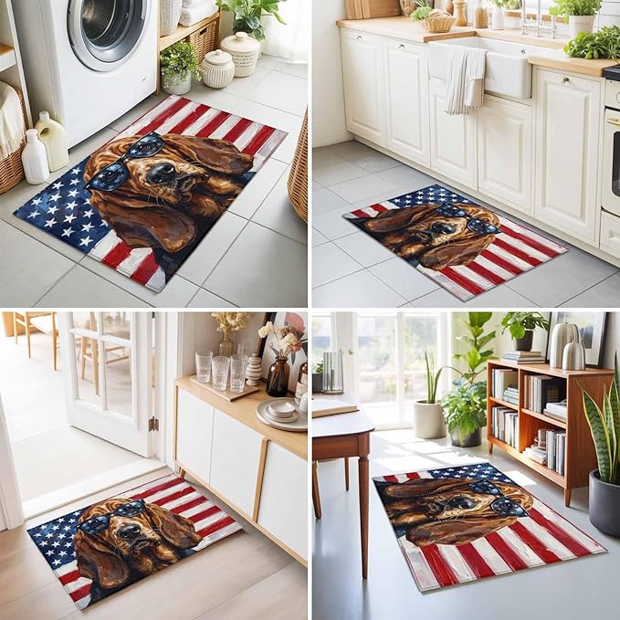 Area Rug 2x3ft, Independence Day USA Flag Washable Rugs for Living Room Bedroom, Basset Hound Patriotic Sunglasses Soft Non-Slip Area Rugs Rectangle Floor Carpet for Dining Room