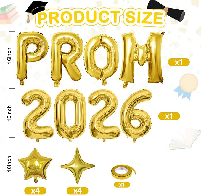Prom 2026 Balloons Banner, 16 inch Gold letter Balloons Prom 2026 Sign Decoration with Gold Star Balloon for Class of 2026 Congrats Grad Party Birthday Retirement High School Graduation Party Supplies