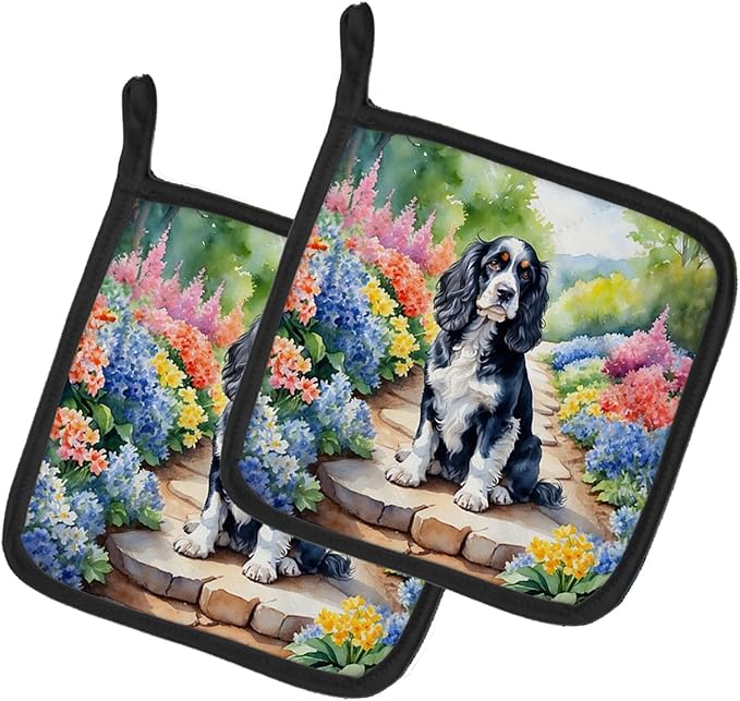 Caroline's Treasures Cocker Spaniel Spring Path Pair of Pot Holders Kitchen Heat Resistant Pot Holders Sets Oven Hot Pads for Cooking Baking BBQ, 7 1/2 x 7 1/2