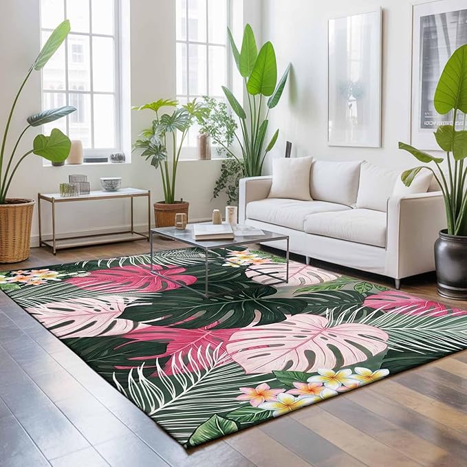 Area Rug 4x6ft, Summer Watercolor Pink Green Leaf Washable Rugs for Living Room Bedroom, Tropical Flower Leaves Plant Soft Non-Slip Area Rugs Rectangle Floor Carpet for Dining Room