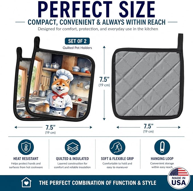 Caroline's Treasures Shiba Inu The Chef Pair of Pot Holders Kitchen Heat Resistant Pot Holders Sets Oven Hot Pads for Cooking Baking BBQ, 7 1/2 x 7 1/2