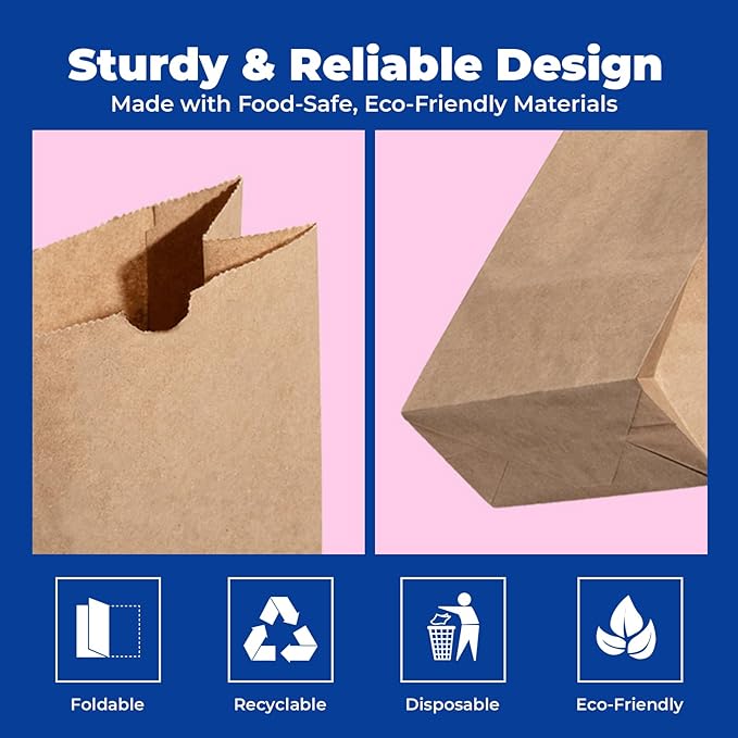 Fit Meal Prep 500 Pack 4 lb Brown Paper Lunch Bags, 9.75 x 5 x 3.13 Premium Kraft Paper Bags Bulk for Small Business, Recyclable Snack Sacks, Durable Paper Grocery Bag for Food Storage, Packing