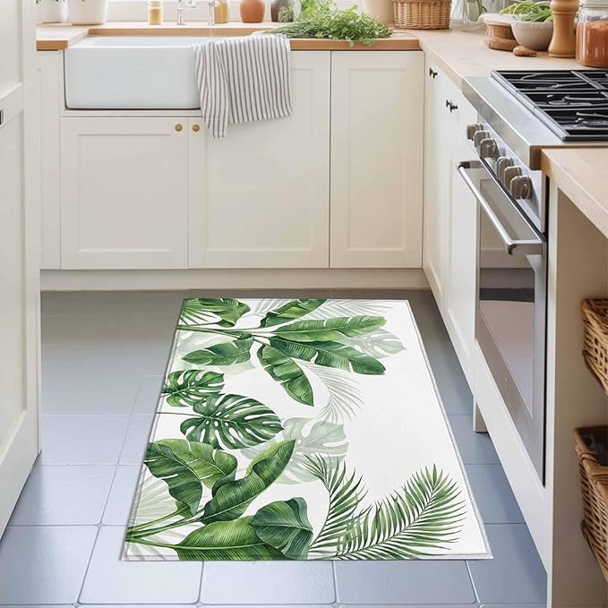 Area Rug 2x3ft, Watercolor Green Tropical Leaves Washable Rugs for Living Room Bedroom, Botanical Palm Leaf Plants Soft Non-Slip Area Rugs Rectangle Floor Carpet for Dining Room