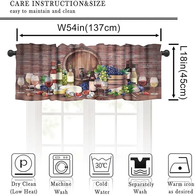 Rustic Wine Cellar Curtain Valance, Watercolor Wine Cheese Party Backdrop Farm Decor Short Window Drapes for Kitchen Dining Bedroom Living Room Bar, 54x18Inch