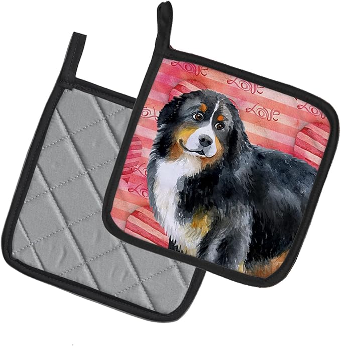Caroline's Treasures BB9732PTHD Bernese Mountain Dog Love Pair of Pot Holders, Red Kitchen Heat Resistant Pot Holders Sets Oven Hot Pads for Cooking Baking BBQ, 7 1/2 x 7 1/2