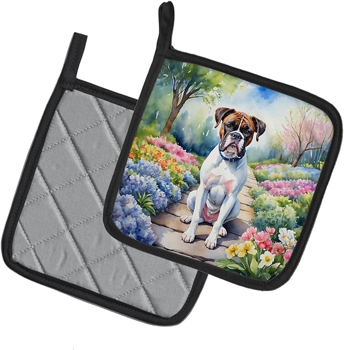Caroline's Treasures Boxer Spring Path Pair of Pot Holders Kitchen Heat Resistant Pot Holders Sets Oven Hot Pads for Cooking Baking BBQ, 7 1/2 x 7 1/2