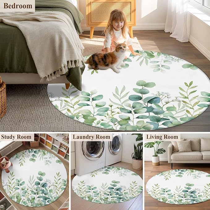 Sage Green Eucalyptus Leaves 5ft Round Rug, Farmhouse Botanical Non-Skid Rubber Backing Large Area Rugs - Living Room Bedroom Home Office, Country Indoor Floor Mat Carpets Washable Rug
