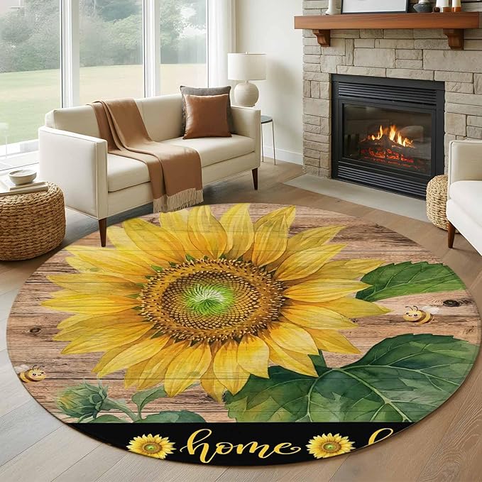 Washable Round Area Rug Summer Sunflowers Bees Circle Rugs Floor Carpet for Living Room Bedroom, Farmhouse Wood Background Soft Non Slip Round Rug 5ft
