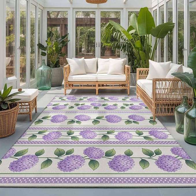Area Rug 3x5ft, Watercolor Hydrangea Flower Washable Rugs for Living Room Bedroom, Spring Floral Leaves on Linen Soft Non-Slip Area Rugs Rectangle Floor Carpet for Dining Room
