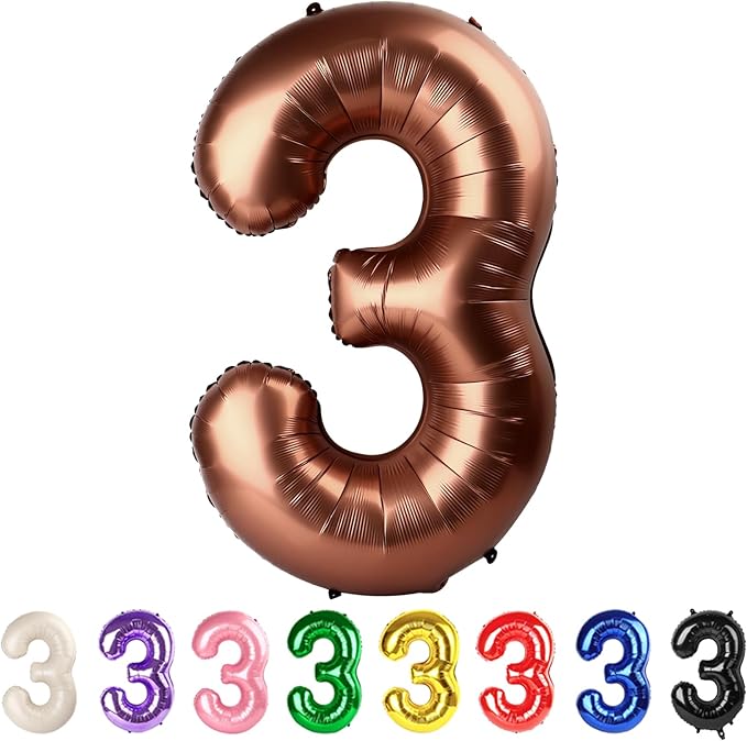 Number 3 Balloons 40 Inch Large Third Birthday Decorations Girl Coffee Brown Number Balloon for Three Year Old birthdays Decor, 3rd 13 30 31 Party Suppliers