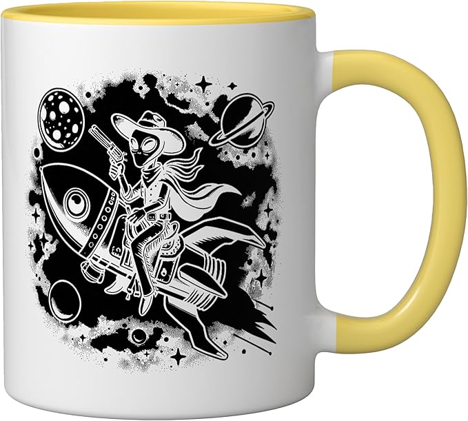 Alien Lover Flying Saucer UFO Extraterrestrial Cowboy Ceramic Mug, Yellow/White