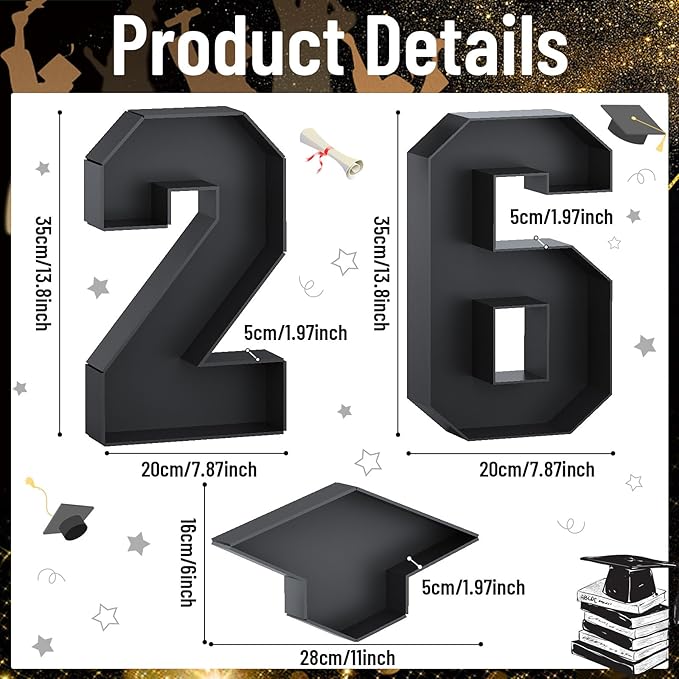 26 Fillable Number for Charcuterie with Grad Cap Shaped Cardboard Tray Black 2026 Graduation Party Decorations 13.8'' Pre-cut Board Storage Decorative Paper Mache Box College Grad Table Supplies