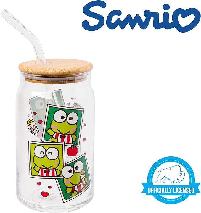 Silver Buffalo Sanrio Hello Kitty and Friends Keroppi Polaroids Glass Jar Tumbler with Bamboo Lid and Glass Straw, 16 Ounces (Pack of 12)