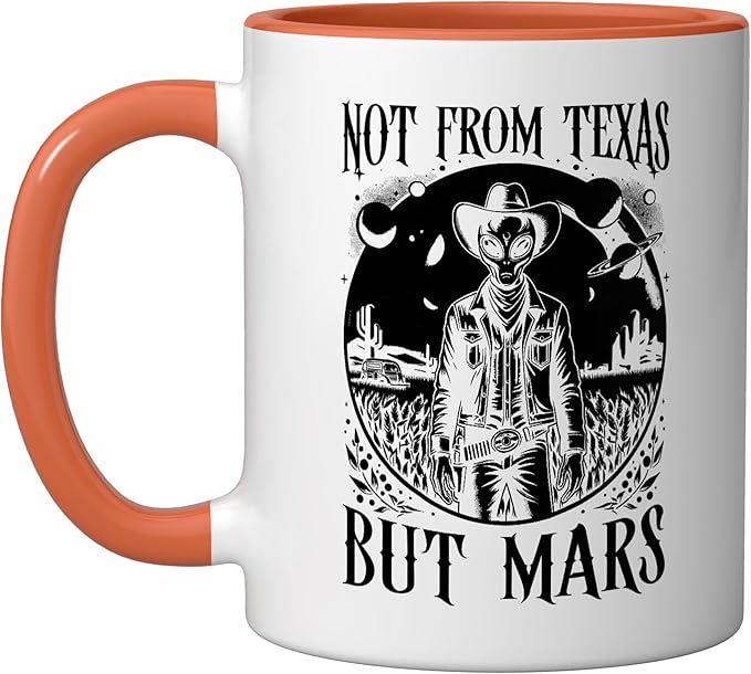 Alien Lover Flying Saucer UFO Extraterrestrial Cowboy Ceramic Mug, Orange/White