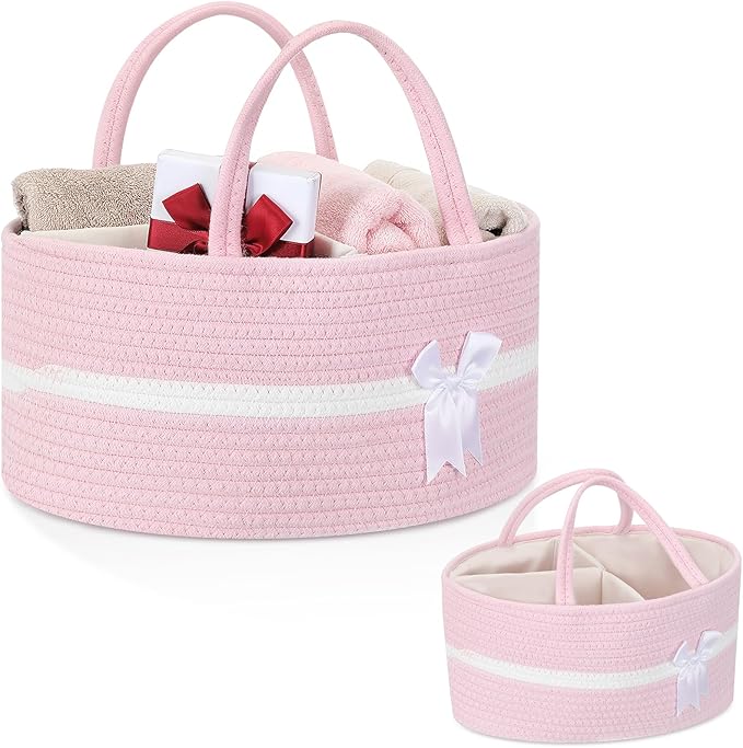 Yinkin 1 Pcs Extra Large Cotton Rope Storage Basket with Handles and Removable Divider Woven Gift Baskets with Bow for Closet Bedroom Nursery Toys Organizing, 14.17 x 8.66 x 7.09 Inch(Pink and White)
