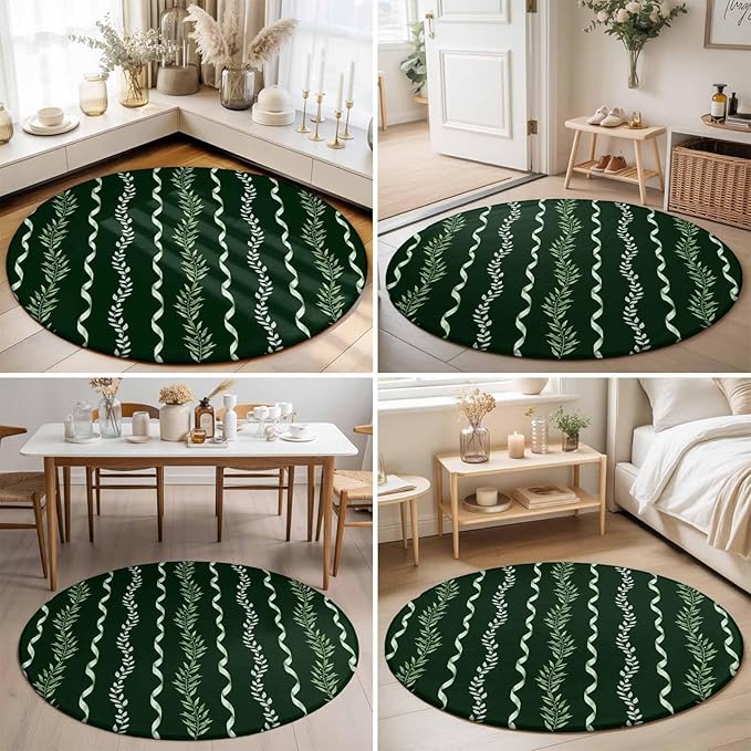 Washable Round Area Rug Botanical Leaves Green Ribbons Circle Rugs Floor Carpet for Living Room Bedroom, Summer Foliage Plant Soft Non Slip Round Rug 3ft