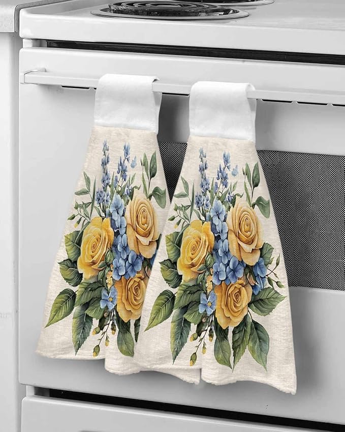 Alandar Home Kitchen Tie Towel Set of 2, Watercolor Blue Yellow Roses Absorbent Soft Hand Towels for Bathroom Hanging Towels, Vintage Country Floral Fast Drying Cleaning Cloth with Loop