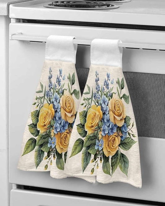Alandar Home Kitchen Tie Towel Set of 2, Watercolor Blue Yellow Roses Absorbent Soft Hand Towels for Bathroom Hanging Towels, Vintage Country Floral Fast Drying Cleaning Cloth with Loop