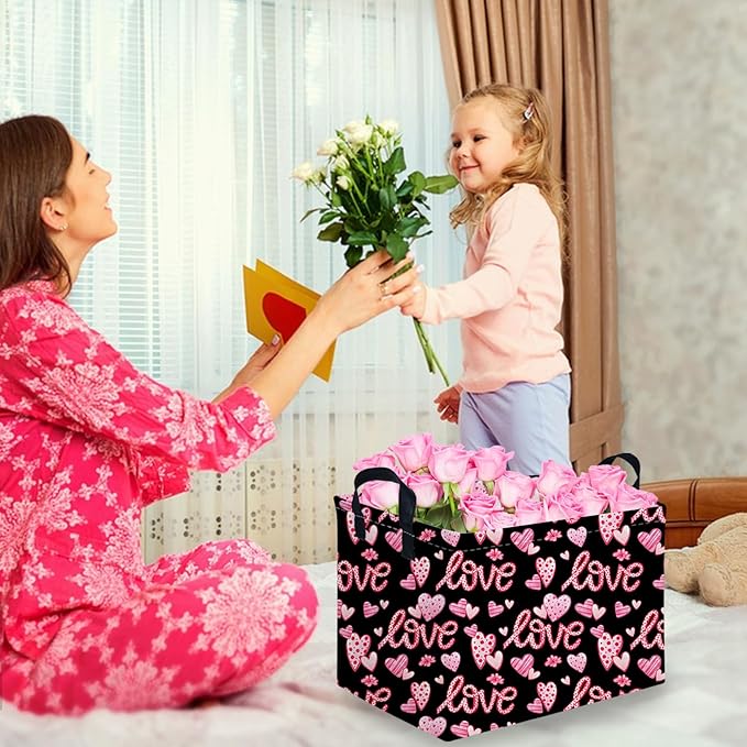 Rectangular Black heart,Valentines Basket,baby Gift Basket Empty,Pink Gift baskets with Handle Organizer,Hearts Print easter Baskets,Girl Room Decor(Sweet love)